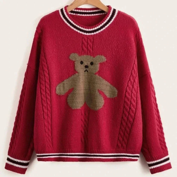 NWT Romwe Cartoon Bear Red Cable Knit Sweater Size Medium Teddy Academia New - Picture 1 of 8